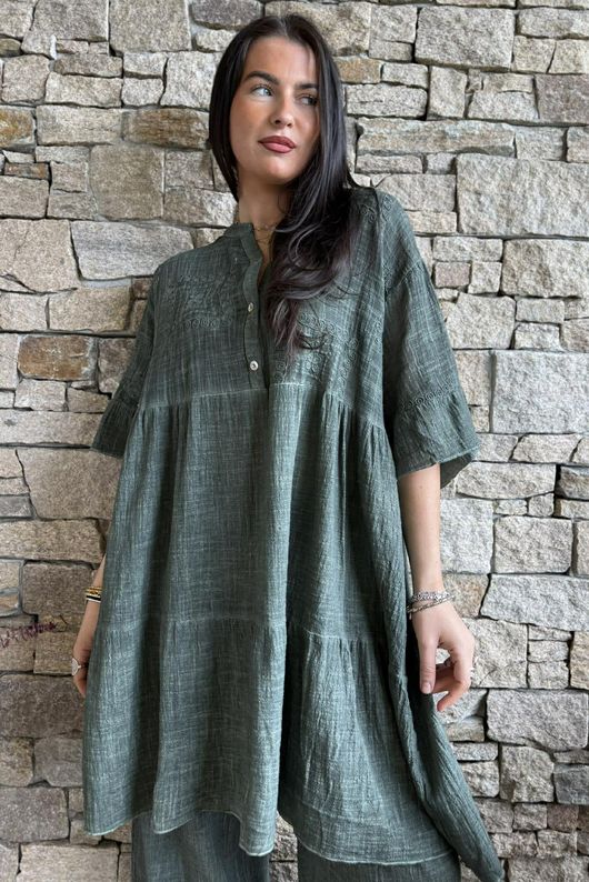 Loom & Thread Embroidered Tiered Smock Dress Washed Moss